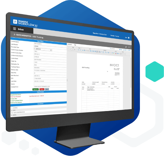 A render of a screenshot from Transflo Workflow AI, including a digital scan of an invoice.