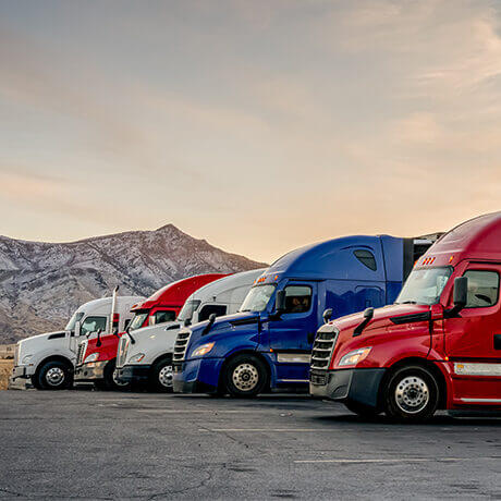 Several trucks parked in a row and a visible mountain in the background.
