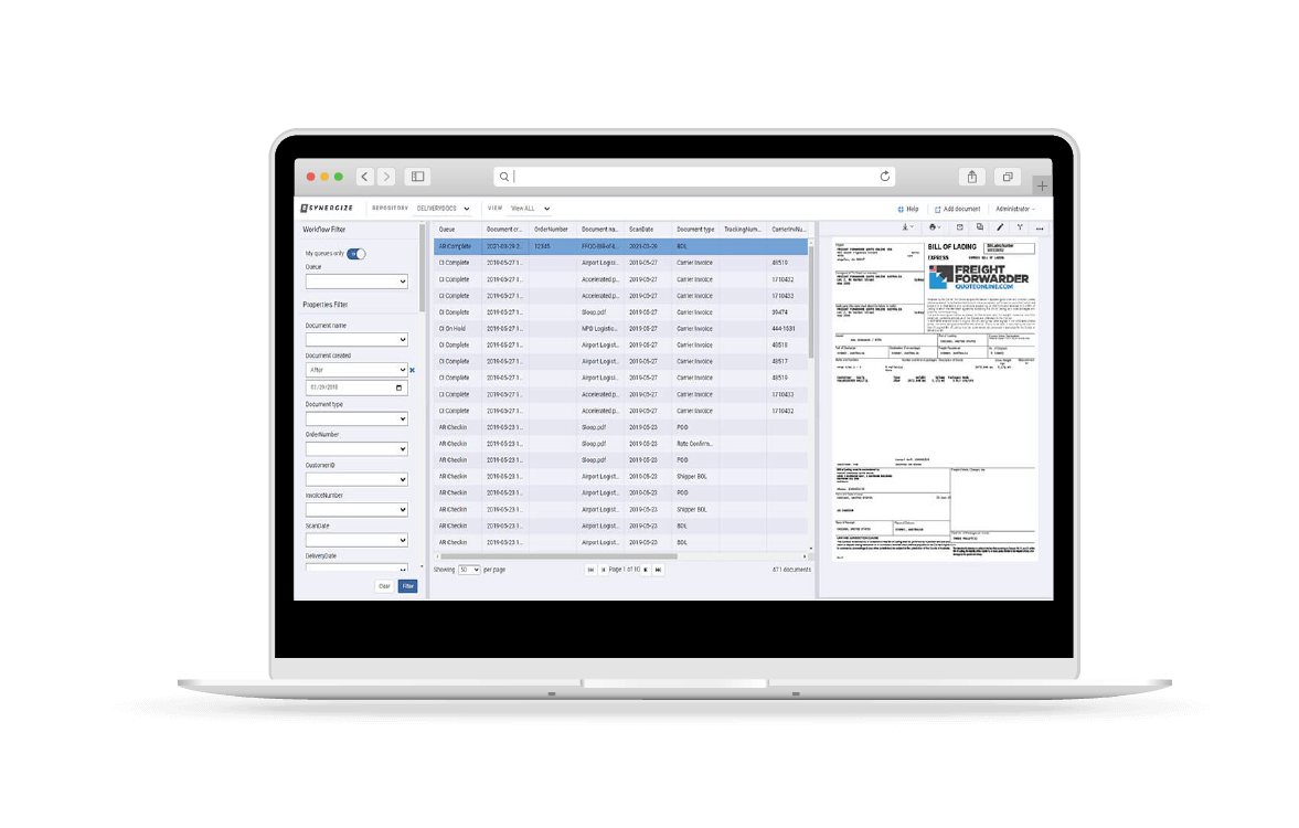 A screenshot of the Synergize DMS program, including an image of a Bill of Lading (BoL).