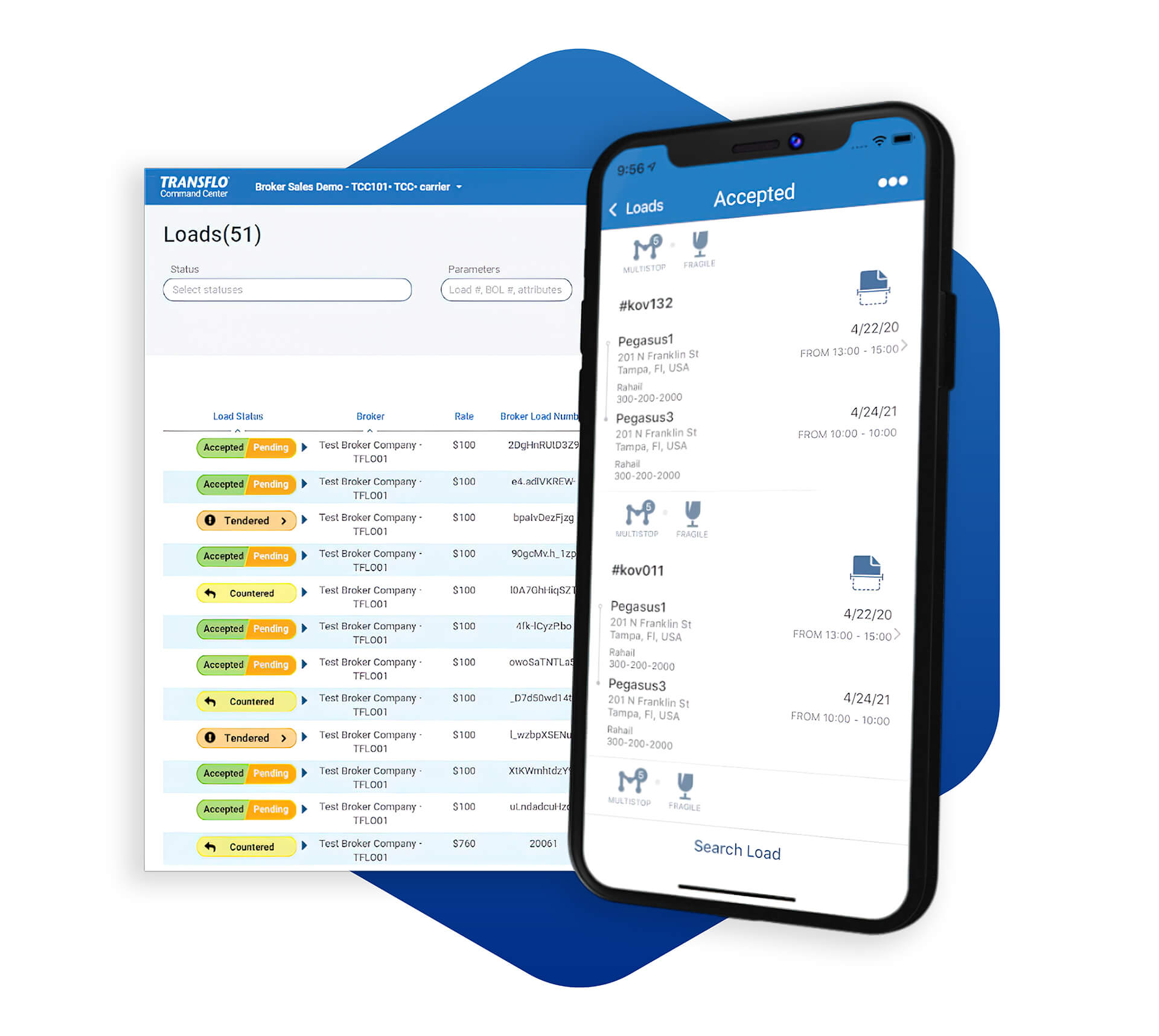 Mobile and desktop screenshots of Velocity+ logistics management software for brokers.