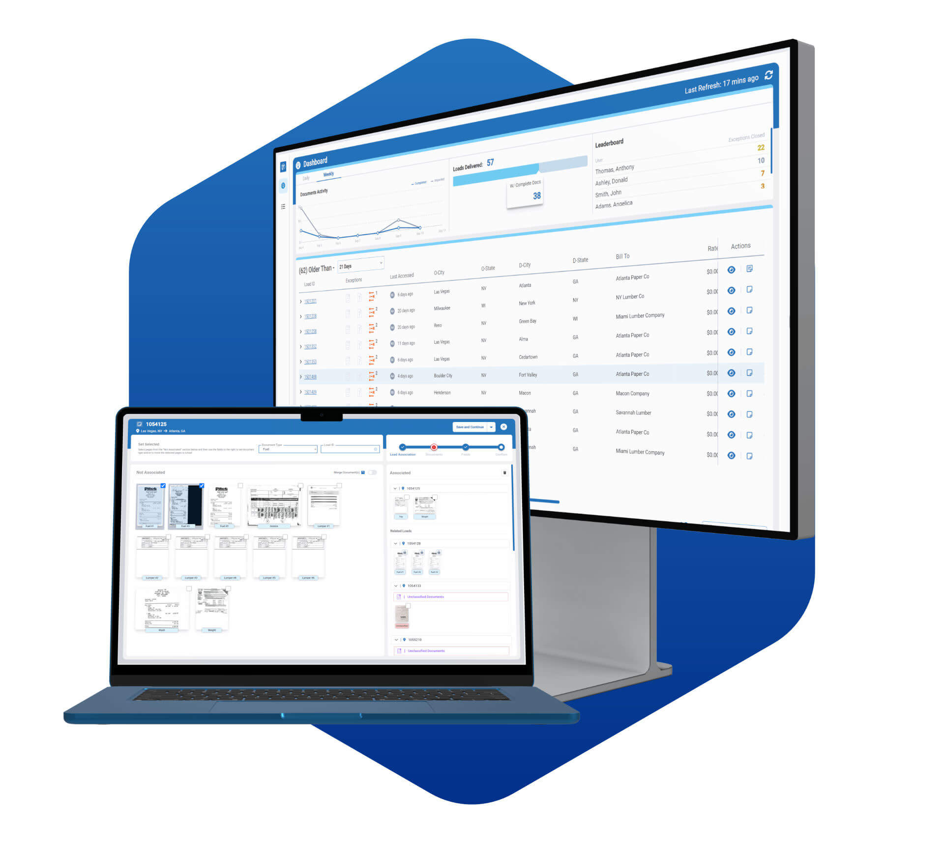An image displaying screenshots of the Transflo Workflow AI platform, which has solutions for carriers, brokers/3PLs, and factoring companies.